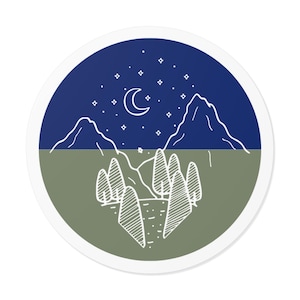 Midnight Stars Round Vinyl Stickers, Midnight Mountain Range, Camp set up gift