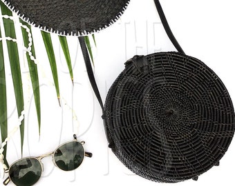 Round Black Rattan Bag // Round Rattan Bali Ata Purse // Black Bamboo Woven Straw Evening Bag Basket Beach Bag