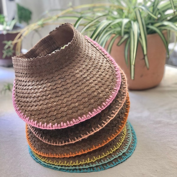 Handmade Straw Visor with Colored Embroidered Trim - Mint White Black Pink Yellow Red Orange Blue // Wide Brim Free People Baha Visor