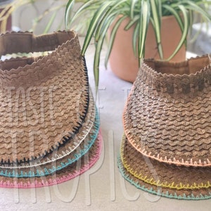 Handmade Straw Visor with Colored Embroidered Trim - Mint White Black Pink Yellow Red Orange Blue // Wide Brim Free People Baha Visor image 9