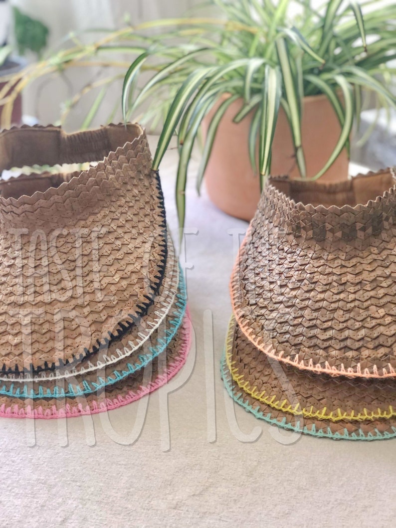 Handmade Straw Visor with Colored Embroidered Trim - Mint White Black Pink Yellow Red Orange Blue // Wide Brim Free People Baha Visor image 9