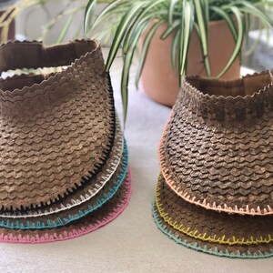 Handmade Straw Visor with Colored Embroidered Trim Mint White Black Pink Yellow Red Orange Blue // Wide Brim Free People Baha Visor Brown + Neon Yellow