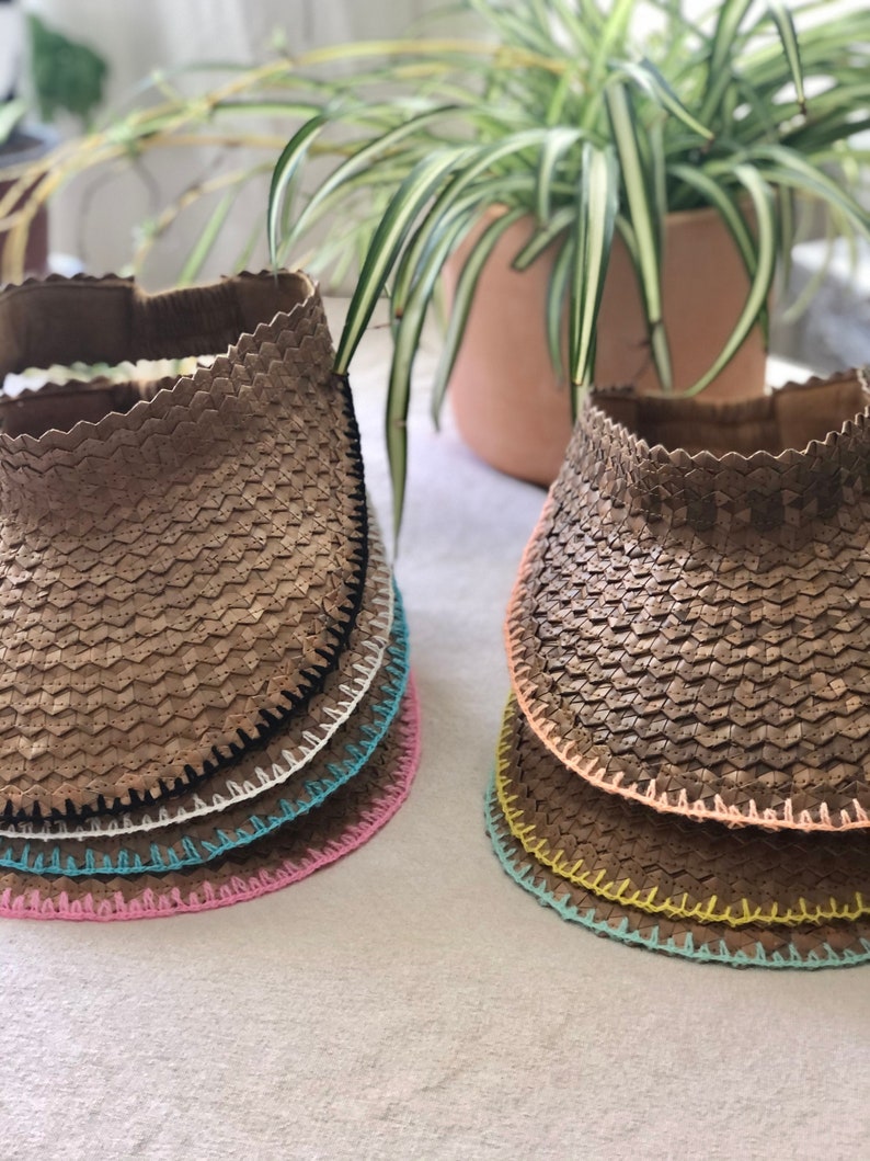 Handmade Straw Visor with Colored Embroidered Trim Mint White Black Pink Yellow Red Orange Blue // Wide Brim Free People Baha Visor Brown + Neon Yellow