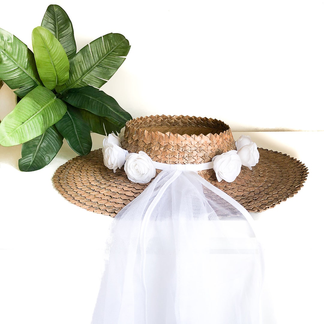 Woven Straw Hat With Veil & White Flower Headband / Flower - Etsy