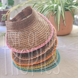 Handmade Straw Visor with Colored Embroidered Trim - Mint White Black Pink Yellow Red Orange Blue // Wide Brim Free People Baha Visor image 2