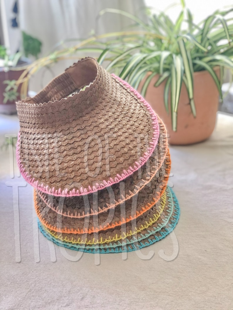 Handmade Straw Visor with Colored Embroidered Trim - Mint White Black Pink Yellow Red Orange Blue // Wide Brim Free People Baha Visor image 2