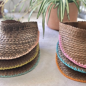 Handmade Straw Visor with Colored Embroidered Trim Mint White Black Pink Yellow Red Orange Blue // Wide Brim Free People Baha Visor Brown + Pastel Peach
