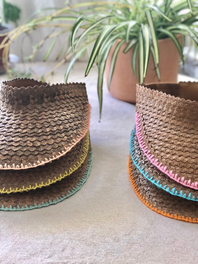 Handmade Straw Visor with Colored Embroidered Trim Mint White Black Pink Yellow Red Orange Blue // Wide Brim Free People Baha Visor Brown + Pastel Peach