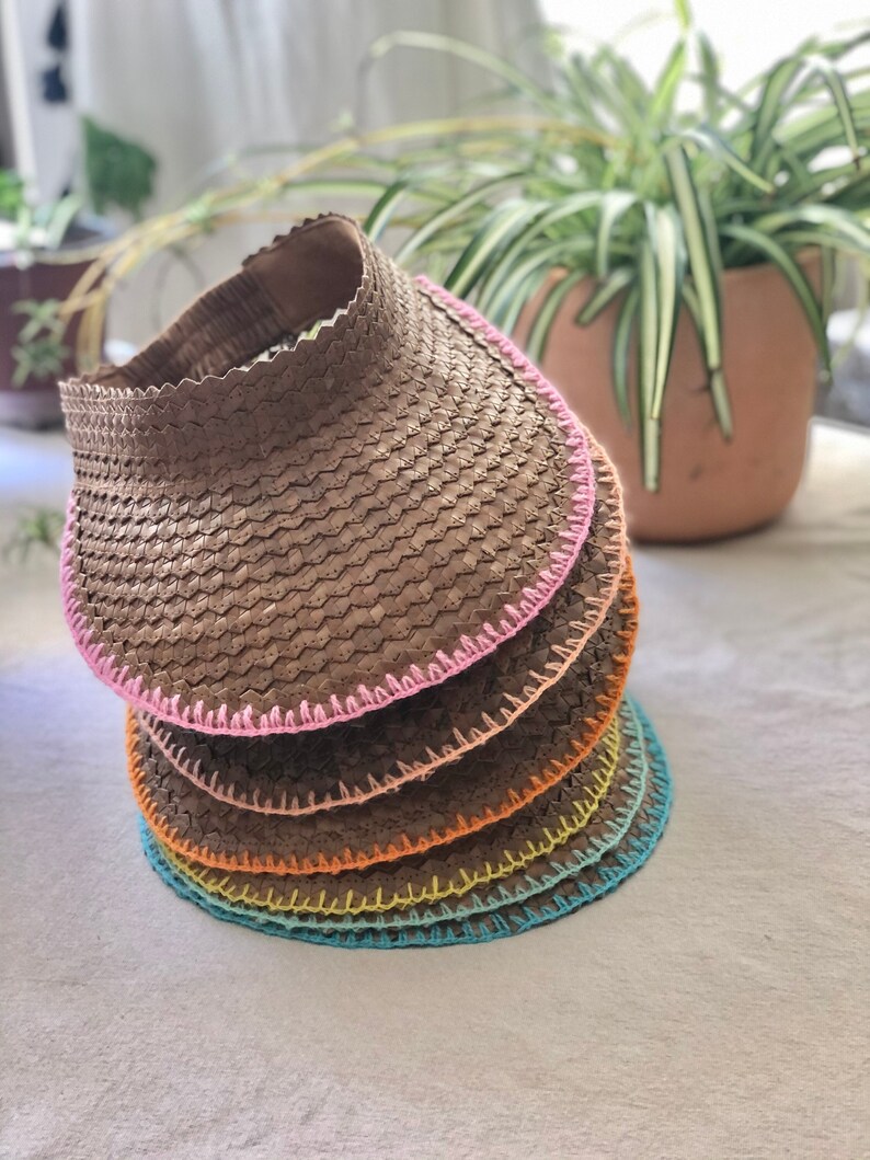 Handmade Straw Visor with Colored Embroidered Trim Mint White Black Pink Yellow Red Orange Blue // Wide Brim Free People Baha Visor image 1
