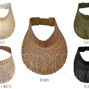 May include: A collection of woven visors in various colors: white, brown, green, black, and brown and white. Each visor has a curved brim and an elastic band for a comfortable fit. The word "TROPICS" is printed on some of the visors.