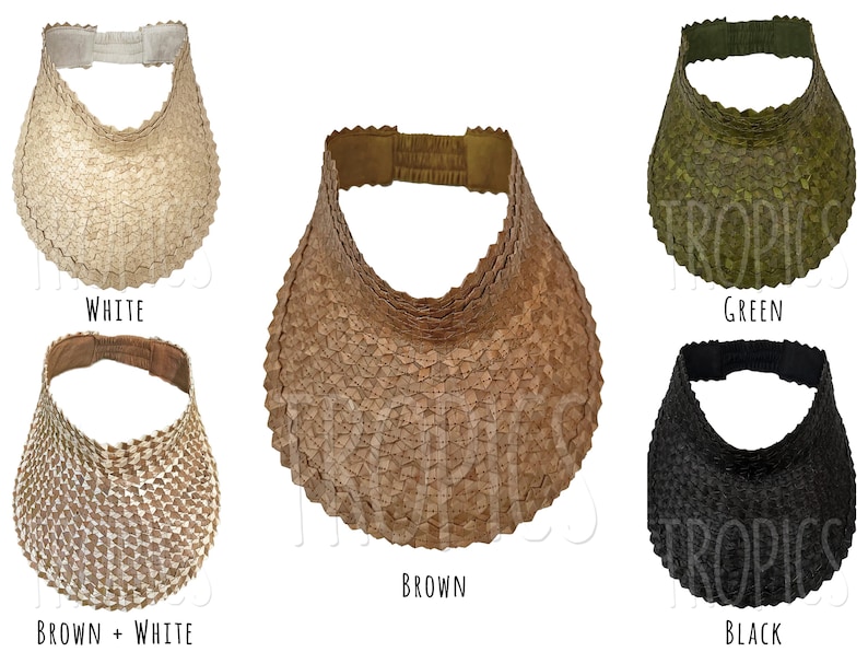 May include: A selection of woven visors in white, brown, green, black, and brown and white. Each visor features a curved brim and an elasticated band for a comfortable fit. The word "TROPICS" is printed on some of the visors.