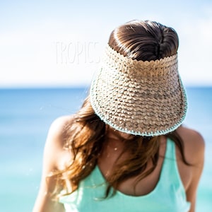 Handmade Straw Visor with Colored Embroidered Trim - Mint White Black Pink Yellow Red Orange Blue // Wide Brim Free People Baha Visor image 1