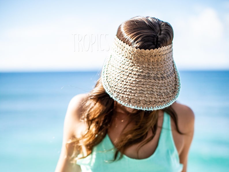 Handmade Straw Visor with Colored Embroidered Trim - Mint White Black Pink Yellow Red Orange Blue // Wide Brim Free People Baha Visor image 1