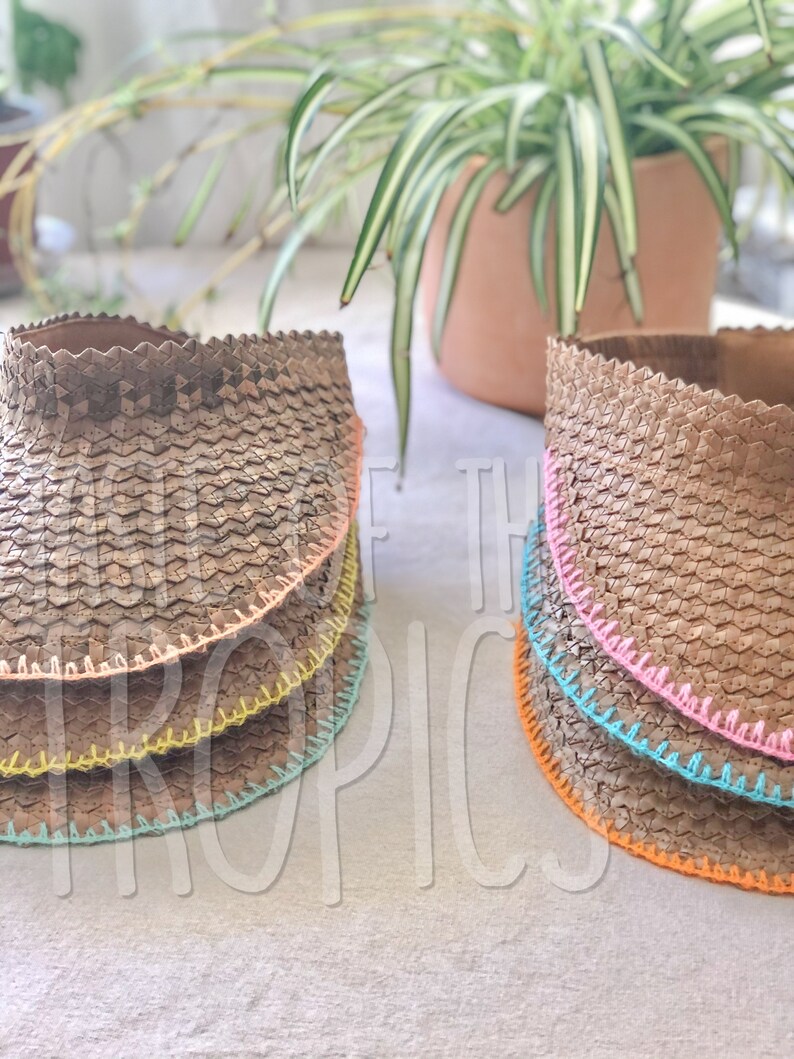Handmade Straw Visor with Colored Embroidered Trim - Mint White Black Pink Yellow Red Orange Blue // Wide Brim Free People Baha Visor image 8