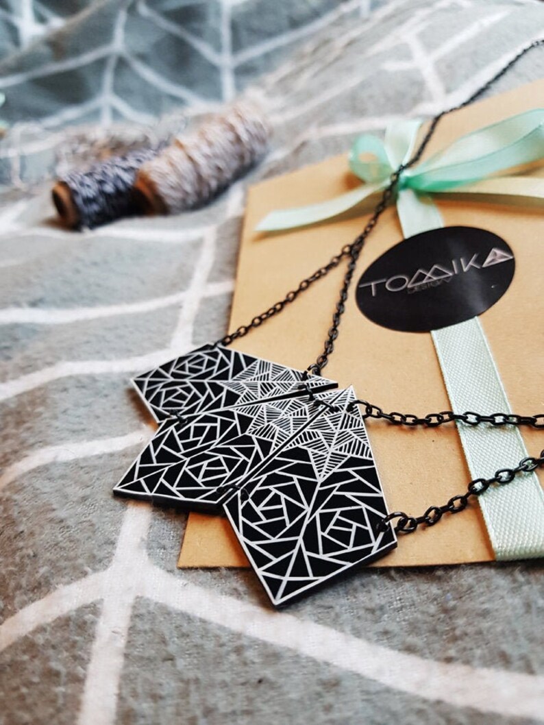 Unique Gift For Women- Personalized message Big Geometric Necklace Black And White Jewelry Black Statement Necklace