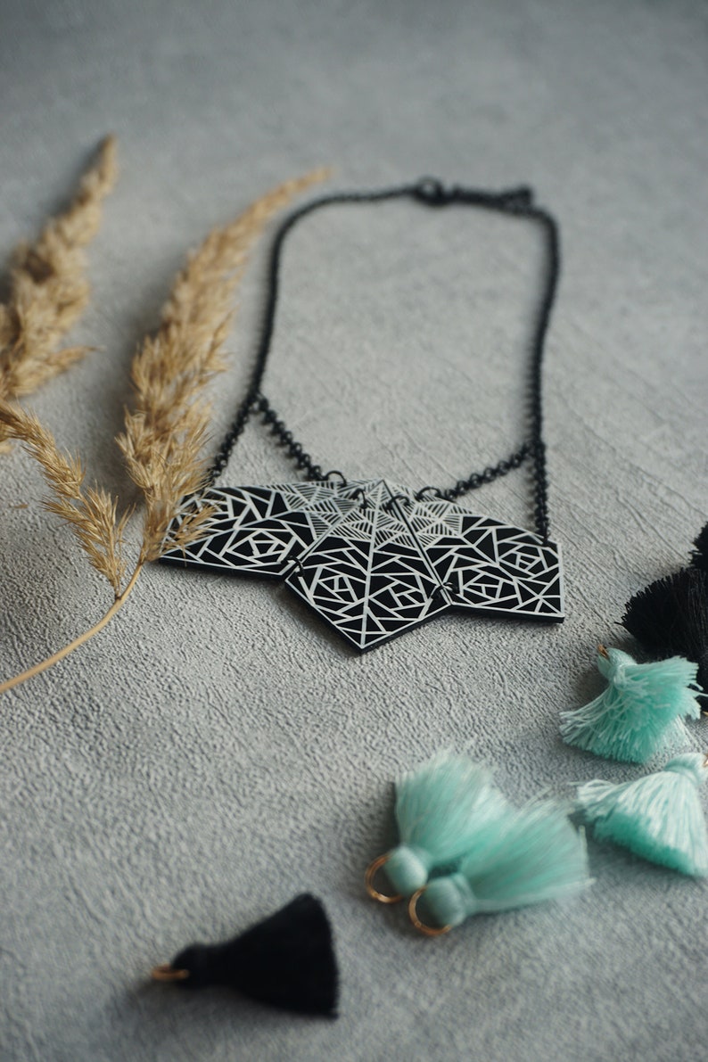 Unique Gift For Women- Personalized message Big Geometric Necklace Black And White Jewelry Black Statement Necklace
