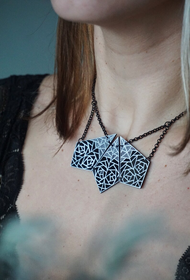 Unique Gift For Women- Personalized message Big Geometric Necklace Black And White Jewelry Black Statement Necklace