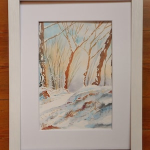 Original watercolor of trees under the snow Handmade Nature gift