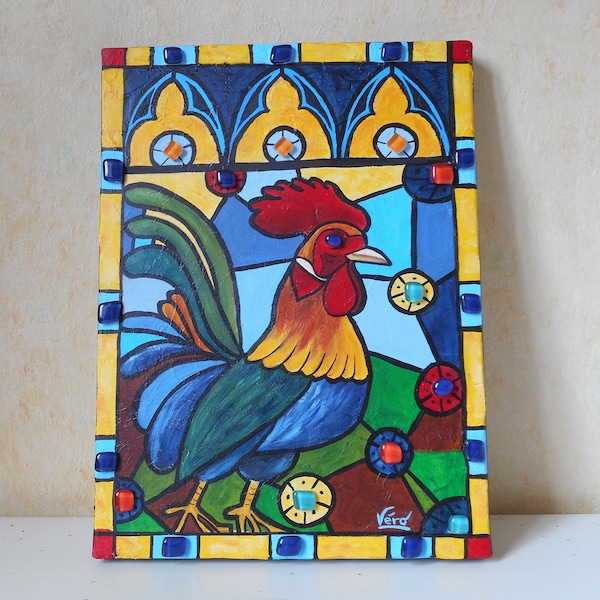 Tableau original animaux de ferme à l'acrylique style vitrail  ou peinture animalière du coq français ou déco murale cuisine ou cadeau maman