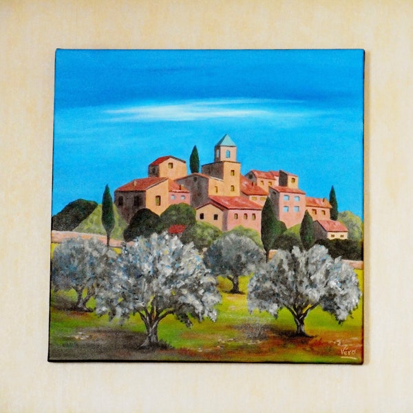 Peinture d'un paysage de Provence ou tableau d'un village provençal de France à l'acrylique ou cadeau anniversaire pour maman ou pour papa