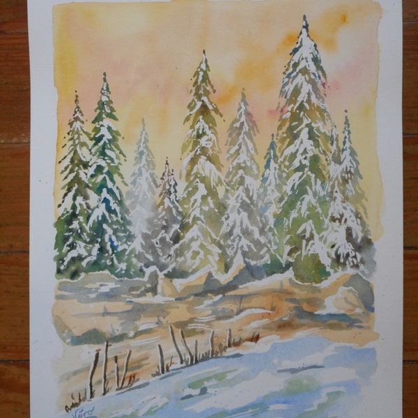 Aquarelle d'arbres de sapins sous la neige ou aquarelle de paysage de neige