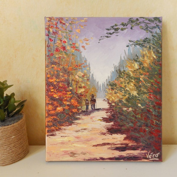 Tableau d'un paysage d'automne peint à l'huile au couteau ou Promenade avec grand-père ou peinture d'arbres au couteau ou cadeau pour un ami