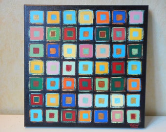 Acrylic geometric abstract on a black background handmade square format or black abstract painting and colored squares or bedroom decor or gift