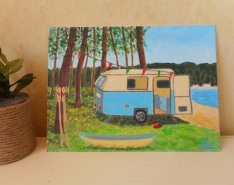 Painting of a caravan with handmade gouache on cardboard