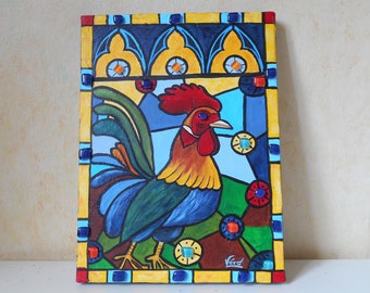 Stained glass style painting of a rooster for kitchen wall decor or mom gift