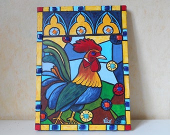 Original acrylic farm animal painting in stained glass style or animal painting of the French rooster or kitchen wall decoration or mom gift