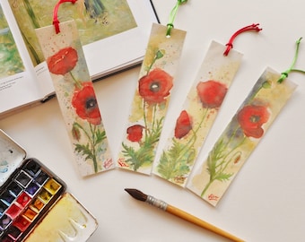 Marque-page de coquelicots à l'aquarelle plastifié ou signet de pavots rouges ou peinture aquarelle de fleurs ou signet pour livre fait main