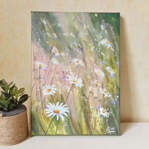 Tableau original de fleurs des champs à l'acrylique Fleurs sauvages peinture de fleurs blanches image 1