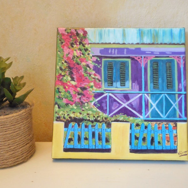 Peinture d'une maison colorée tropicale sur toile à l'huile petit format