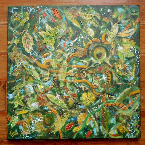 Abstrait vert carré en acrylique ou tableau de forêt avec des serpents ou art mural vert abstrait ou peinture jungle et serpents