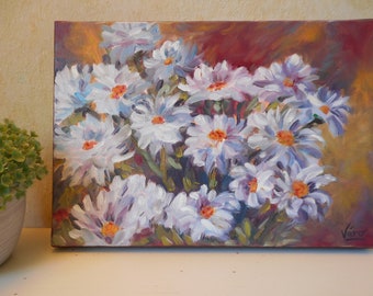 Tableau de fleurs marguerites à l'huile ou peinture originale de fleurs blanches en petit format