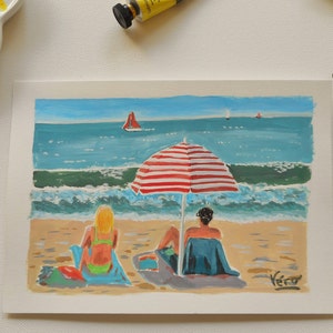 Origineel gouache schilderij van een personage op het strand of originele zeeillustratie in klein formaat of cadeau voor een vriend of zus