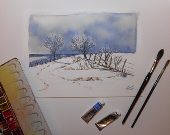 Acuarela de paisaje de campo nevado, acuarela original de invierno, pintura de naturaleza y montaña nevada, árboles desnudos bajo la nieve