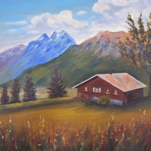 Handmade oil painting of a mountain chalet Mountain architecture Mountain decoration