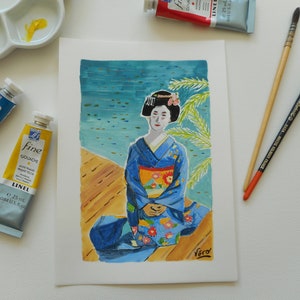 Original gouache painting portrait geisha japan original illustration japan small format