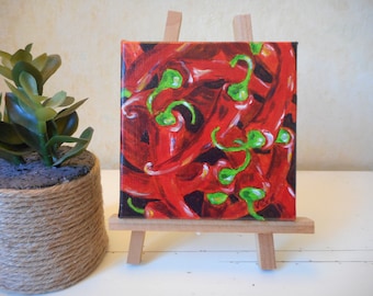 Peinture piments rouges à l'acrylique ou nature morte en mini format fait main