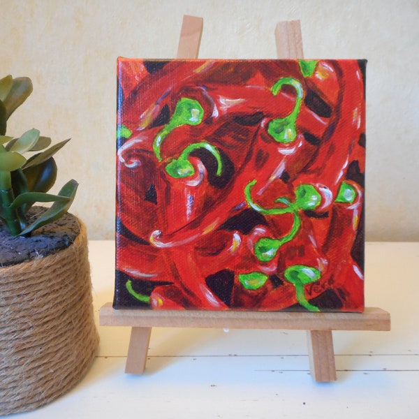 Peinture piments rouges à l'acrylique ou nature morte en mini format fait main