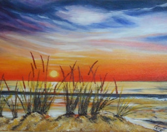 Original painting of an ocean sunset in handmade acrylic or sunset beach painting or wedding gift