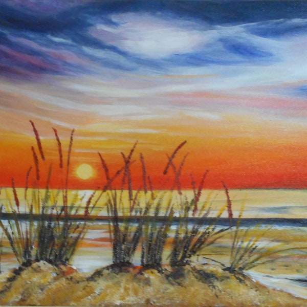 Tableau original d'un coucher de soleil sur l'océan à l'acrylique fait main ou peinture plage au coucher du soleil ou cadeau de mariage