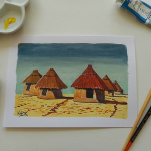 Schilderij van Afrikaanse hutten in gouache originele illustratie van Afrika klein formaat