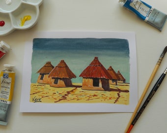 Painting of African huts in gouache original illustration of Africa small format