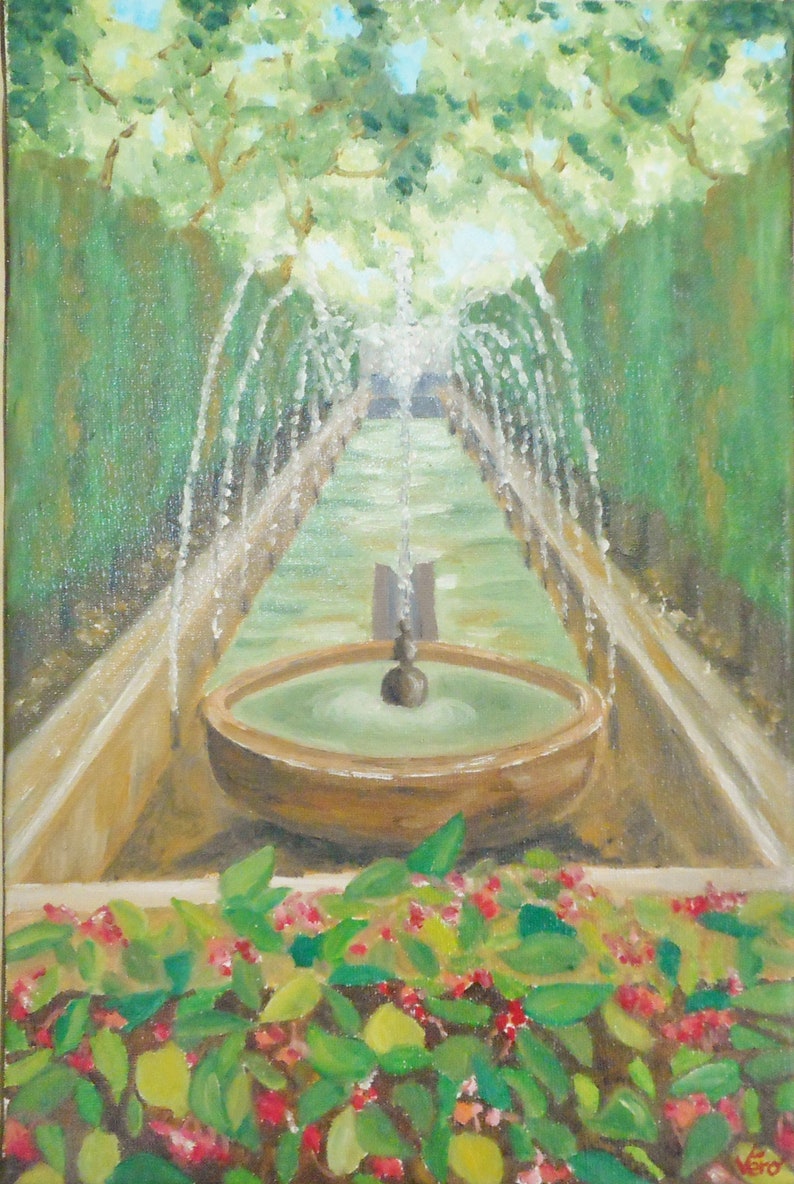 Painting of the fountain Santa Maria de Mallorca Spain small format oil on canvas or sister birthday gift or office decoration image 3