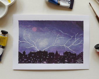 Peinture paysage un soir d'orage avec des éclairs à la gouache illustration originale paysage petit format ou cadeau pour une soeur ou amie