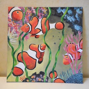 Tableau poissons Clowns Peinture gouache Marine Art mural océan Décoration Mer