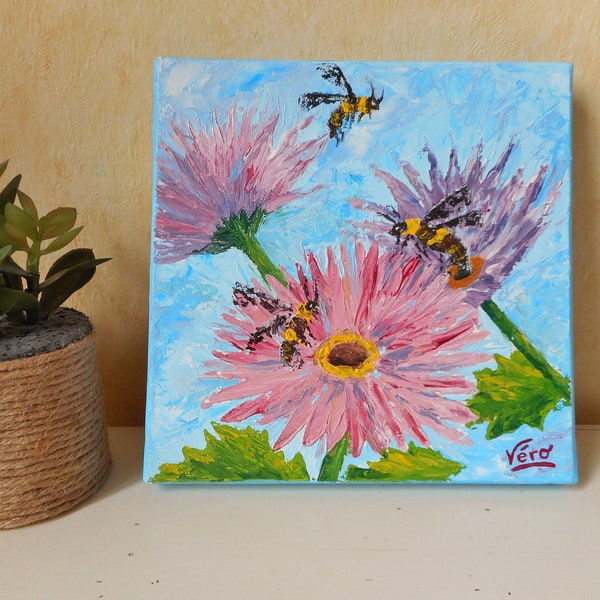 Peinture d'abeilles et de fleurs acrylique au couteau  les butineuses du jardin