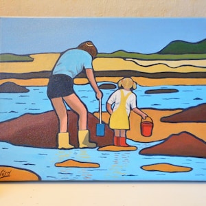 Schilderij van schelpdiervissers of schilderij aan zee in klein handgemaakt formaat of cadeau voor visser of kinderkamer decor
